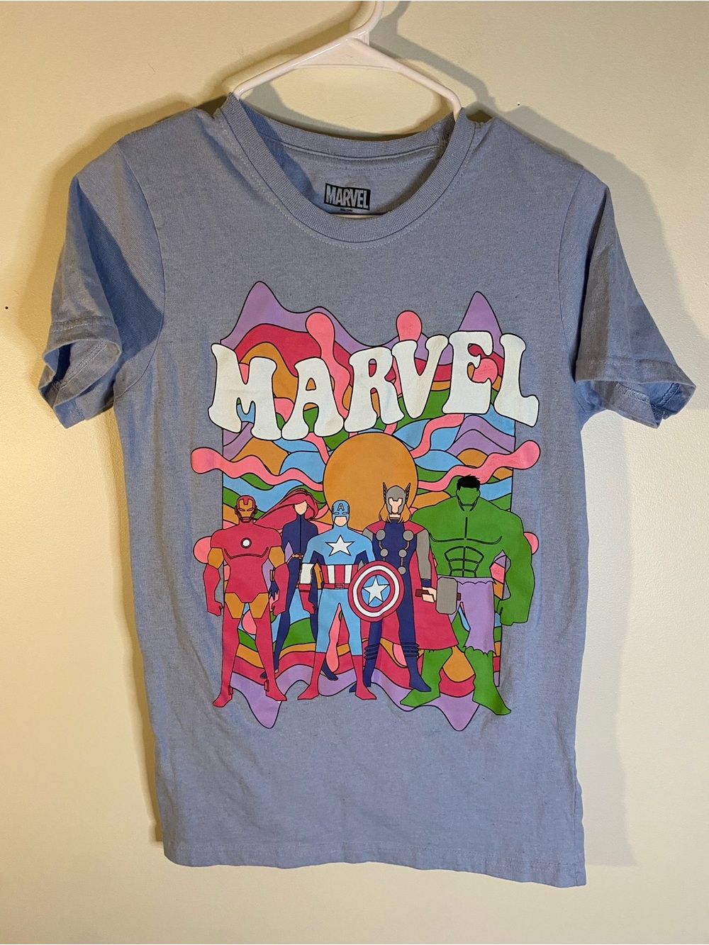 Marvel Short-Sleeve Tee — Light Blue with Multicolor Retro Avengers Print